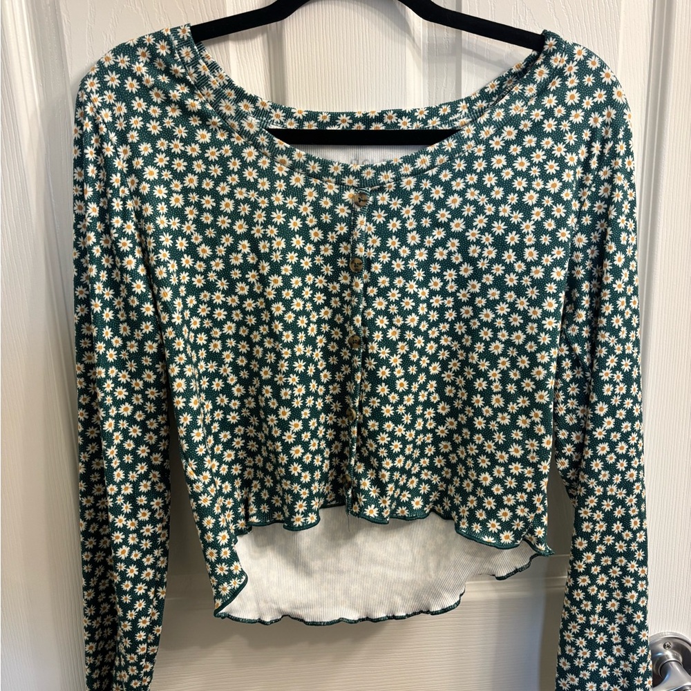 Floral Green Women's Cropped Long Sleeve Top